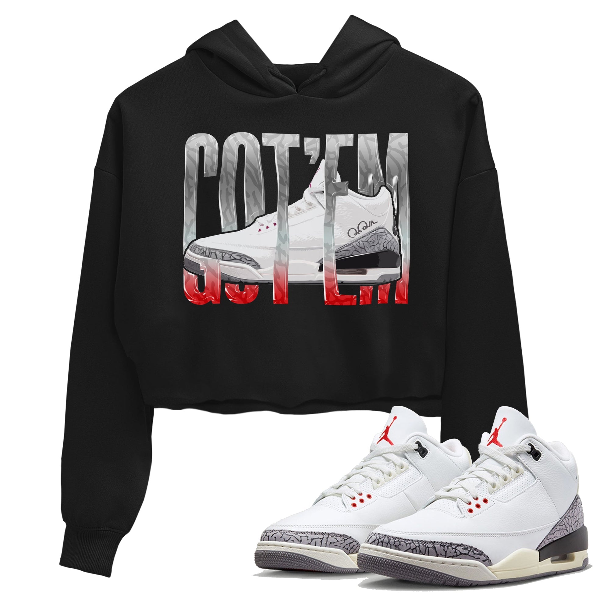 Air Jordan 3 White Cement Sneaker Match Tees Wiggling Gotem Sneaker Tees AJ3 White Cement Sneaker Release Tees Women's Shirts Black 1