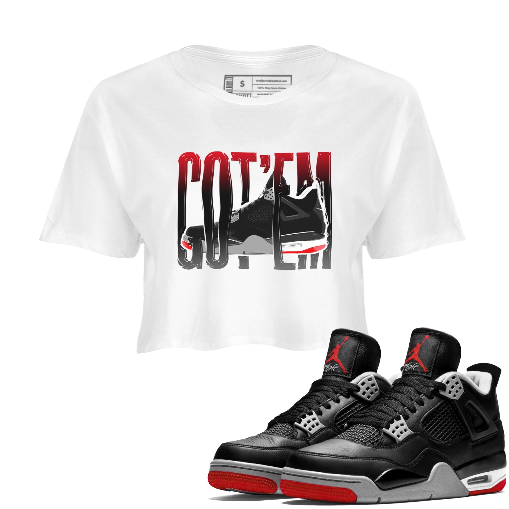 4s Bred Reimagined shirt to match jordans Wiggling Gotem sneaker tees Air Jordan 4 Bred Reimagined SNRT Sneaker Release Tees White 1 Crop T-Shirt