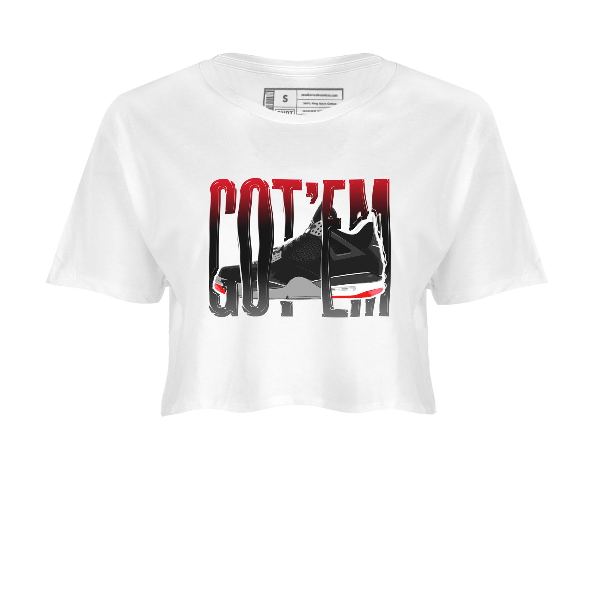 4s Bred Reimagined shirt to match jordans Wiggling Gotem sneaker tees Air Jordan 4 Bred Reimagined SNRT Sneaker Release Tees White 2 Crop T-Shirt