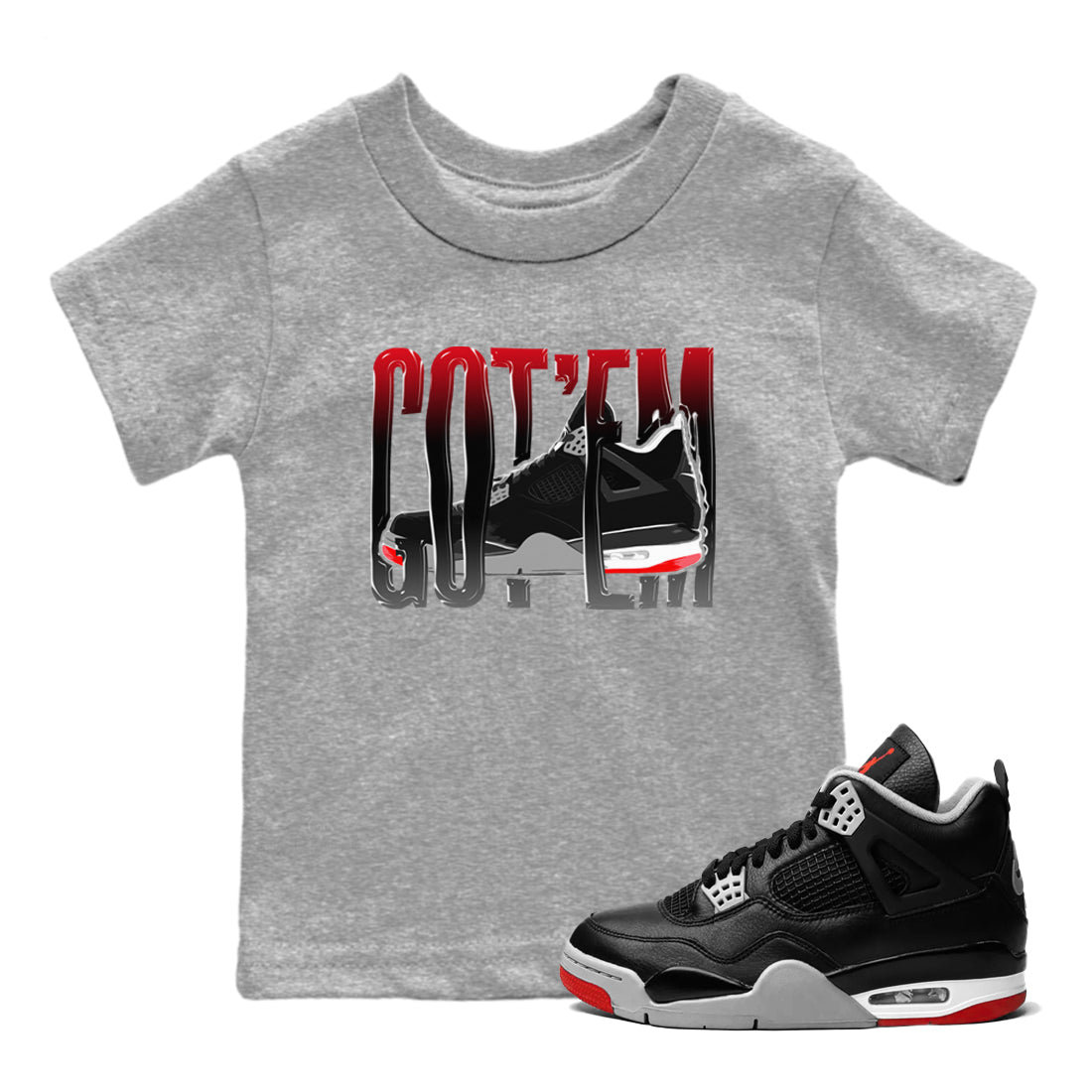 4s Bred Reimagined shirt to match jordans Wiggling Gotem sneaker tees Air Jordan 4 Bred Reimagined SNRT Sneaker Release Tees Baby Toddler Heather Grey 1 T-Shirt