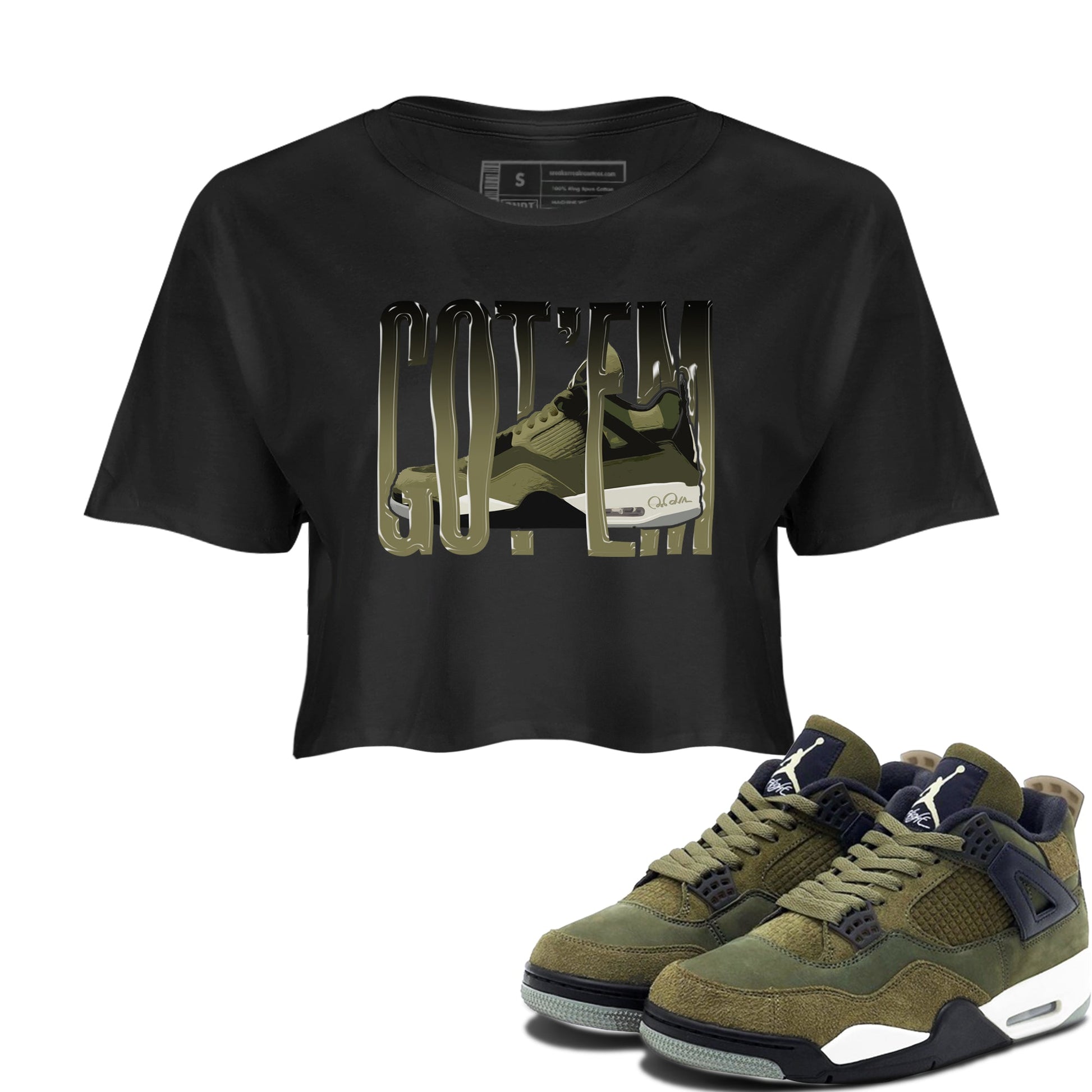Air Jordan 4 Medium Olive shirt to match jordans Wiggling Gotem sneaker tees AJ4Medium Olive SNRT Sneaker Release Tees Black 1 Crop T-Shirt
