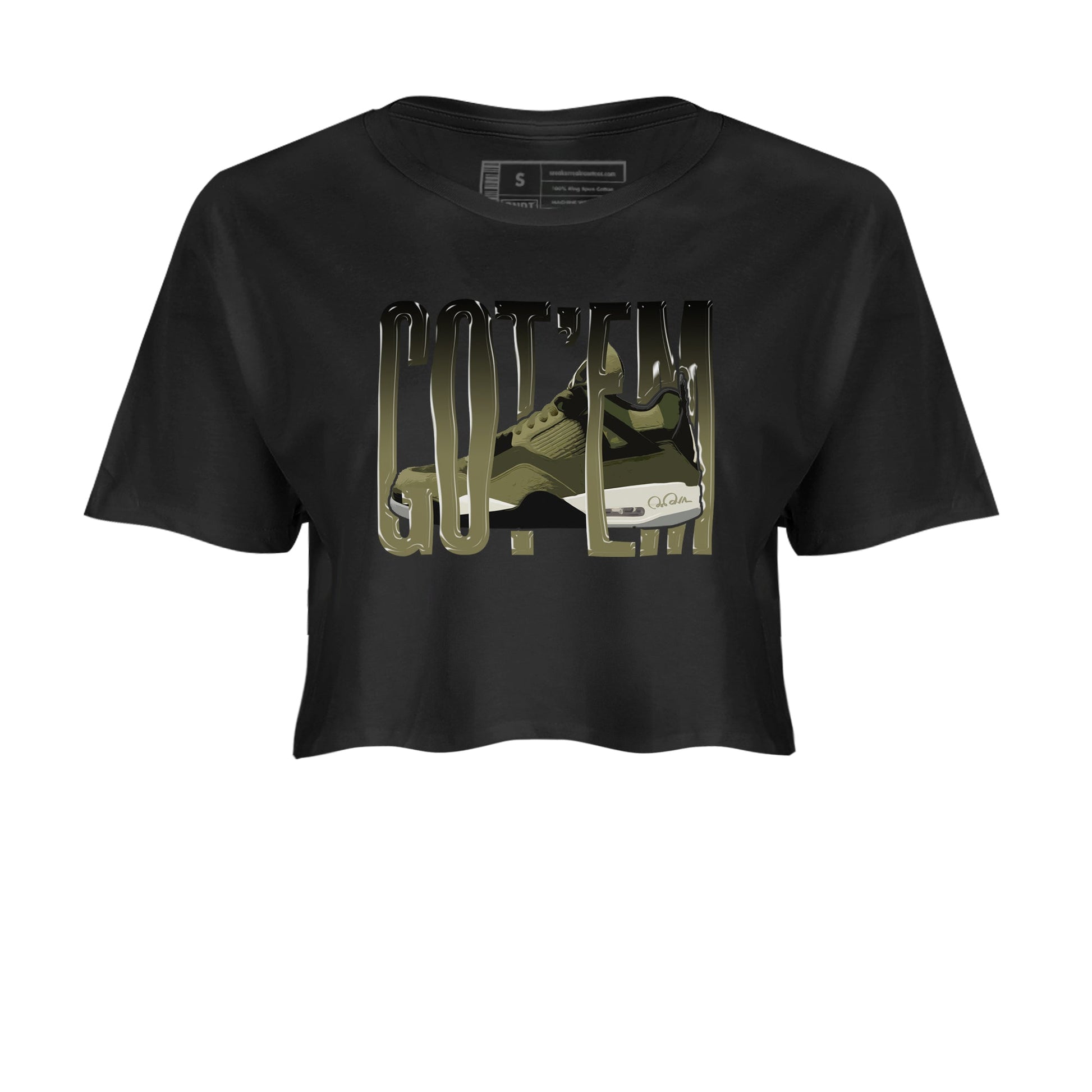 Air Jordan 4 Medium Olive shirt to match jordans Wiggling Gotem sneaker tees AJ4Medium Olive SNRT Sneaker Release Tees Black 2 Crop T-Shirt