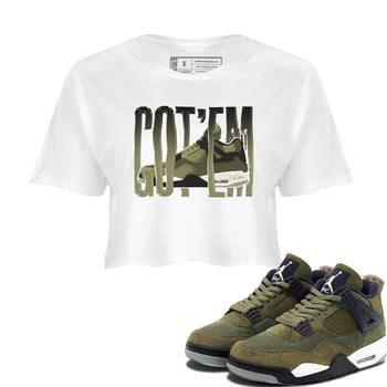 Air Jordan 4 Medium Olive shirt to match jordans Wiggling Gotem sneaker tees AJ4Medium Olive SNRT Sneaker Release Tees White 1 Crop T-Shirt