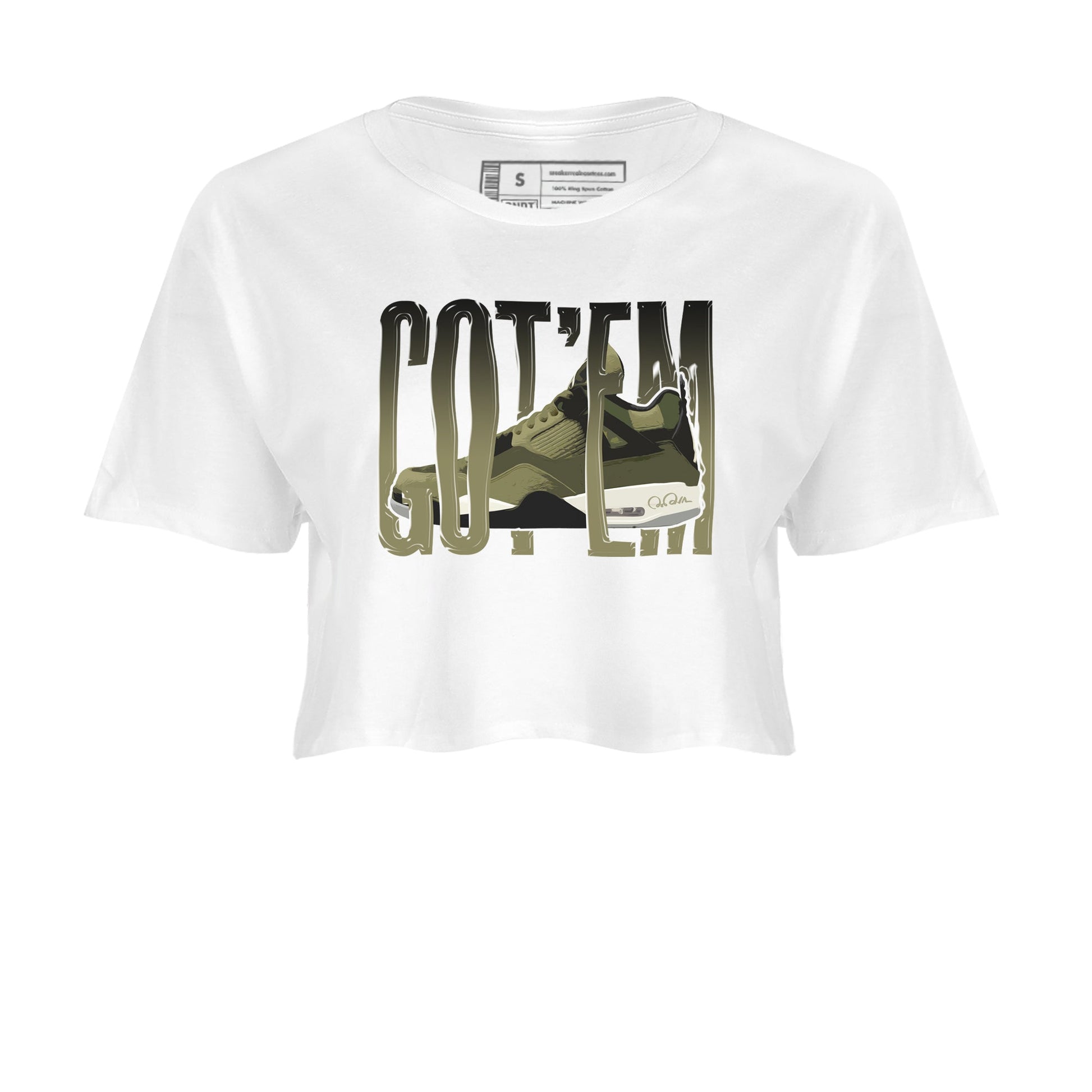 Air Jordan 4 Medium Olive shirt to match jordans Wiggling Gotem sneaker tees AJ4Medium Olive SNRT Sneaker Release Tees White 2 Crop T-Shirt