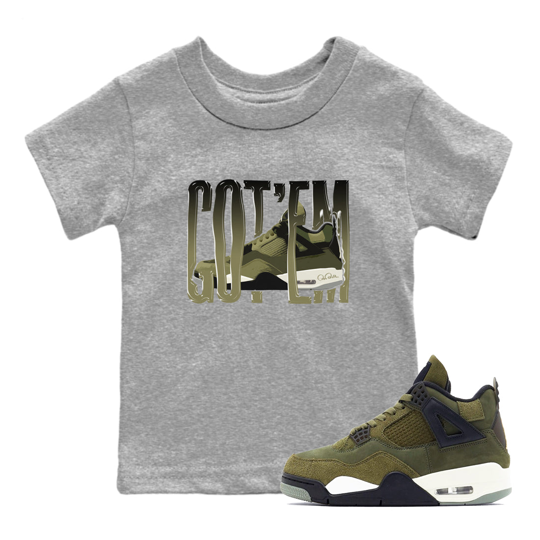 Air Jordan 4 Medium Olive shirt to match jordans Wiggling Gotem sneaker tees AJ4Medium Olive SNRT Sneaker Release Tees Baby Toddler Heather Grey 1 T-Shirt