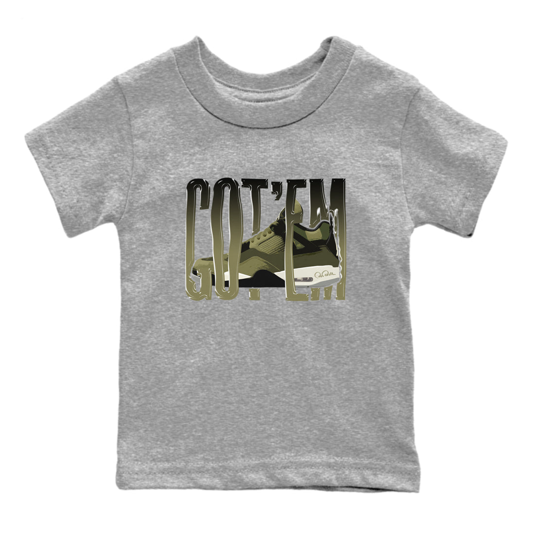 Air Jordan 4 Medium Olive shirt to match jordans Wiggling Gotem sneaker tees AJ4Medium Olive SNRT Sneaker Release Tees Baby Toddler Heather Grey 2 T-Shirt