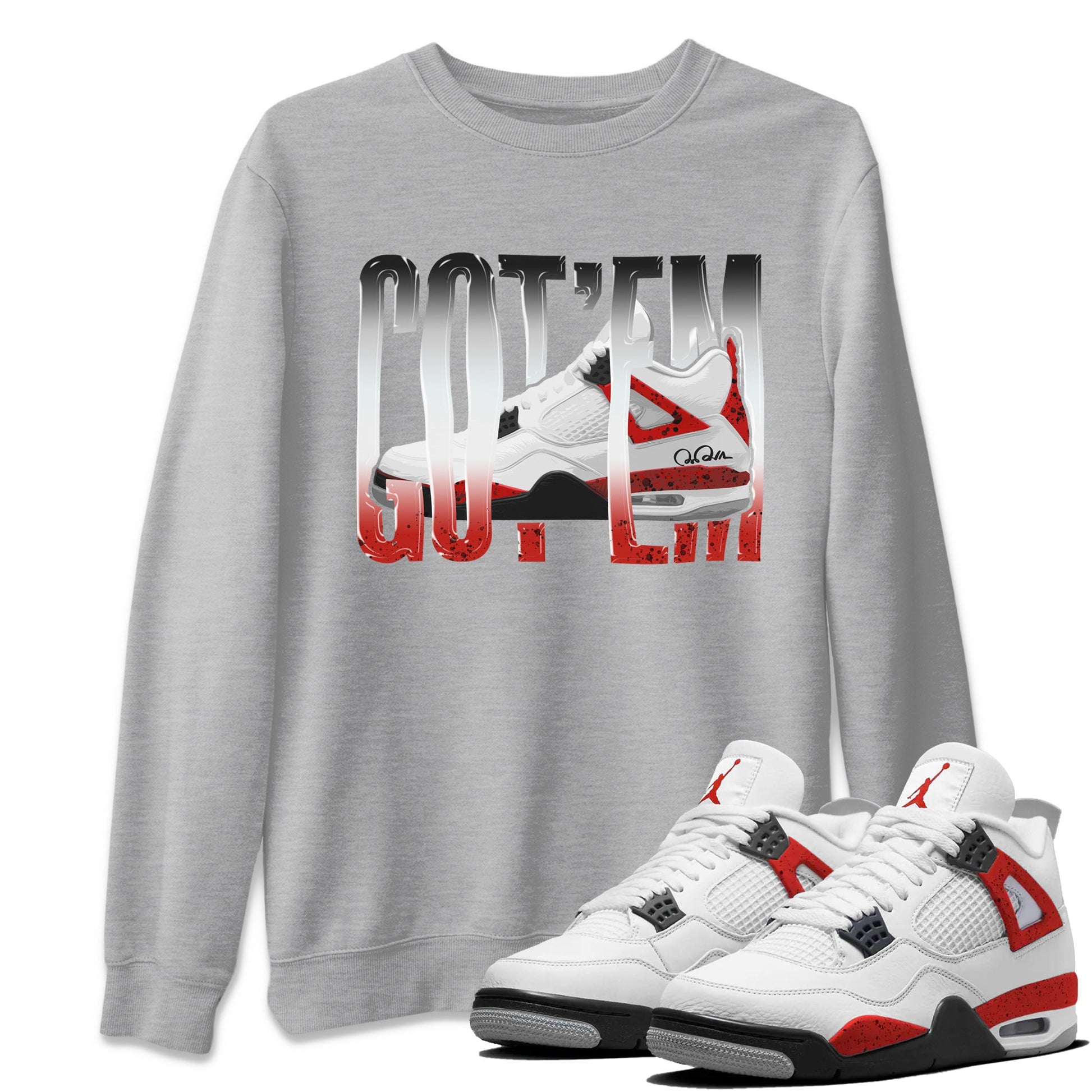 Air Jordan 4 Red Cement Sneaker Match Tees Wiggling Gotem Sneaker Tees AJ4 Retro OG Red Cement Sneaker Release Tees Unisex Shirts Heather Grey 1