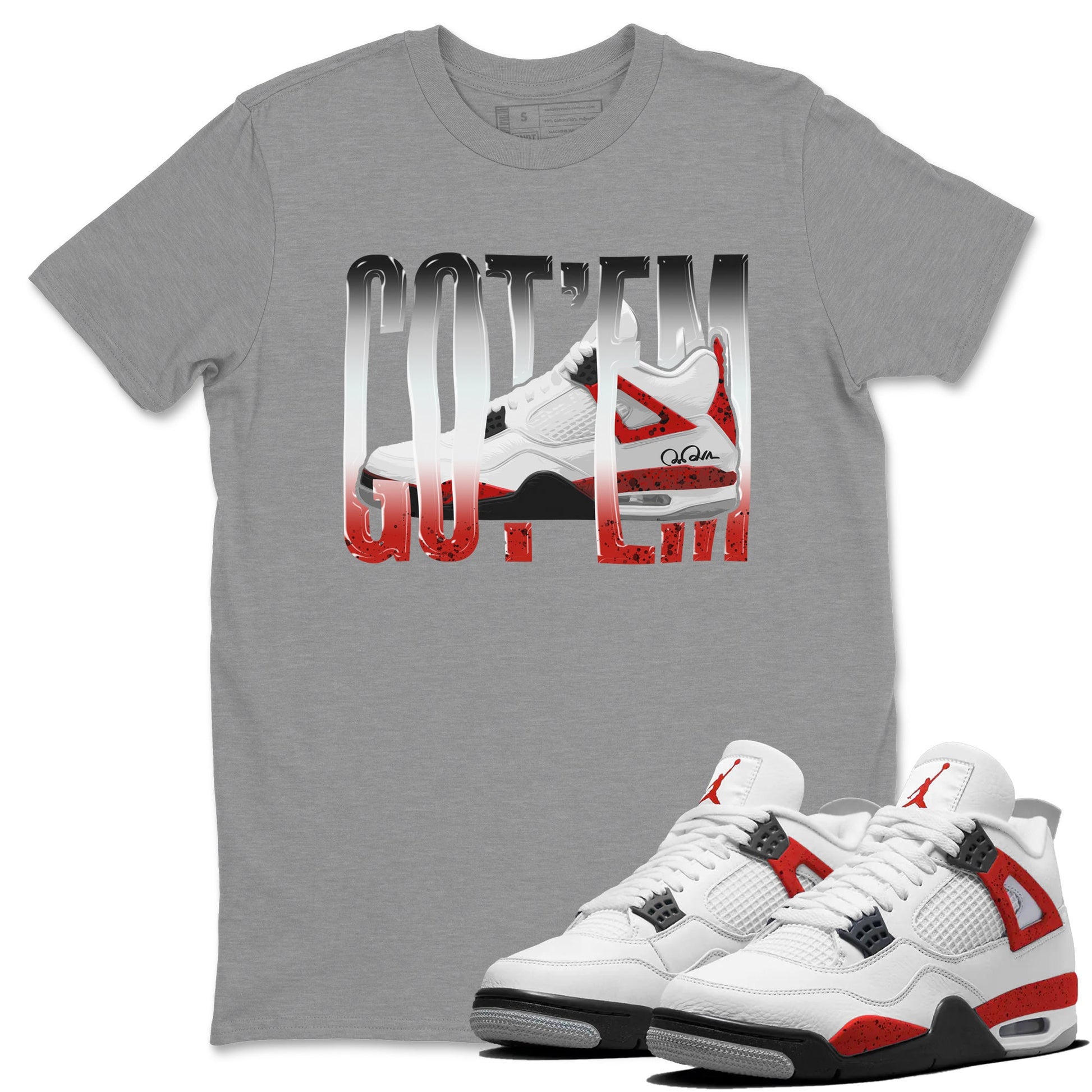 Air Jordan 4 Red Cement Sneaker Match Tees Wiggling Gotem Sneaker Tees AJ4 Retro OG Red Cement Sneaker Release Tees Unisex Shirts Heather Grey 1