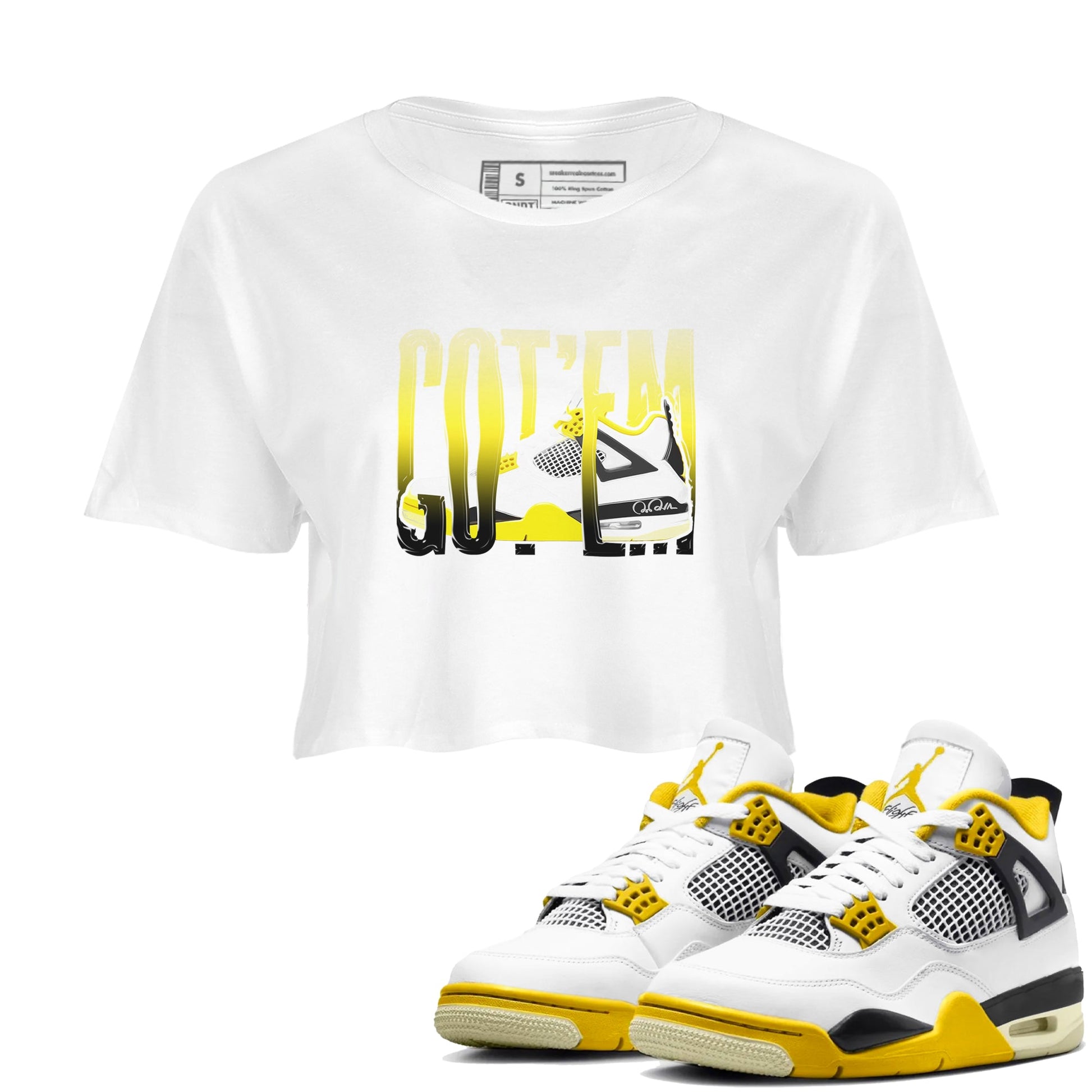 AJ4 Vivid Sulfur shirt to match jordans Wiggling Gotem sneaker tees Air Jordan 4 Vivid Sulfur SNRT Sneaker Release Tees White 1 crop length shirt