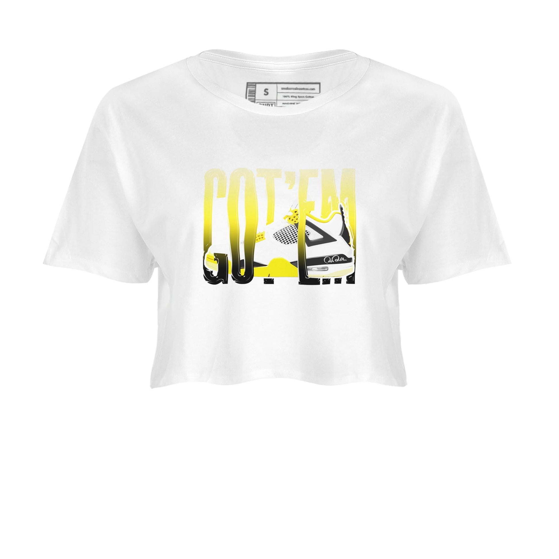 AJ4 Vivid Sulfur shirt to match jordans Wiggling Gotem sneaker tees Air Jordan 4 Vivid Sulfur SNRT Sneaker Release Tees White 2 crop length shirt