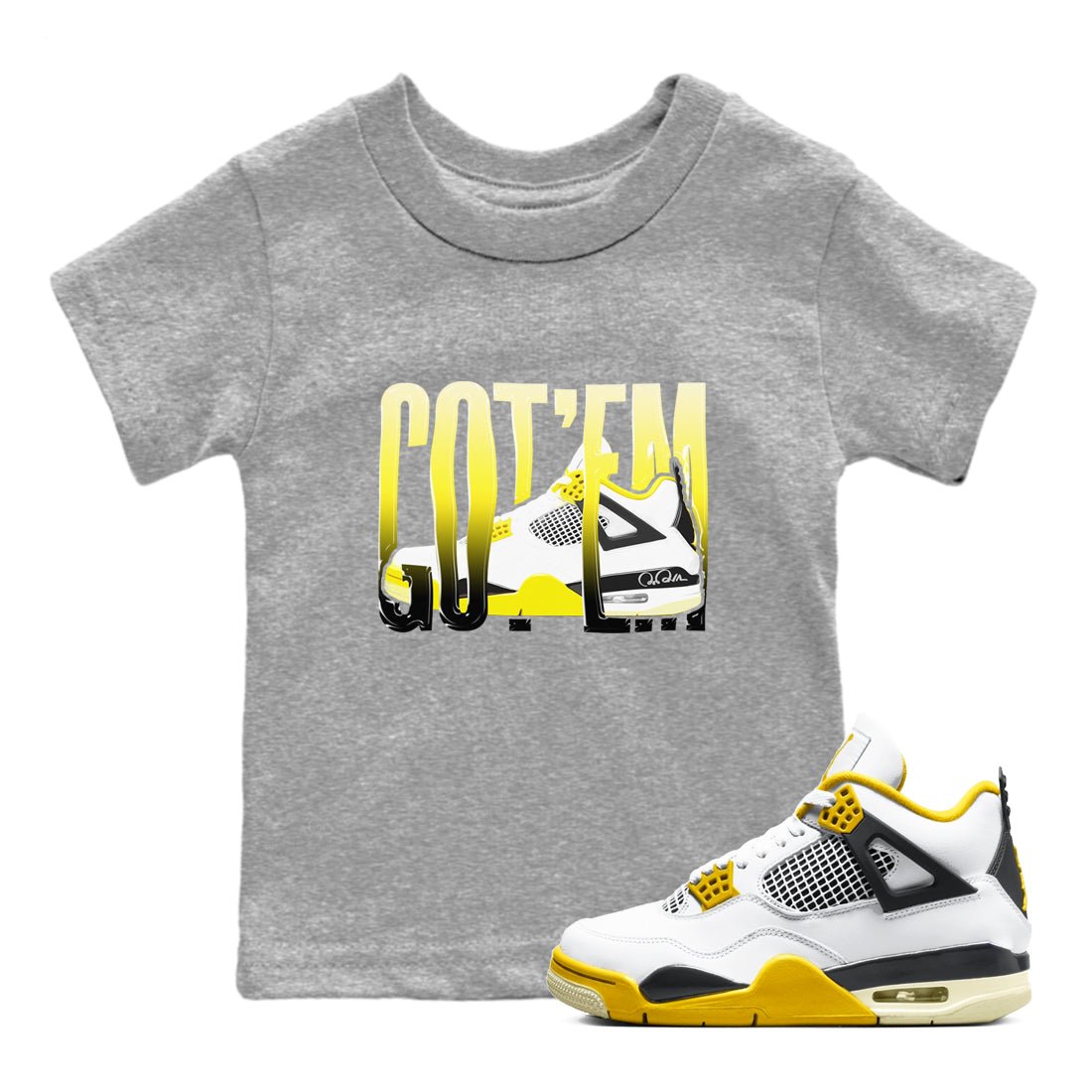 AJ4 Vivid Sulfur shirt to match jordans Wiggling Gotem sneaker tees Air Jordan 4 Vivid Sulfur SNRT sneaker release tees baby toddler Heather Grey 1 cotton Shirt