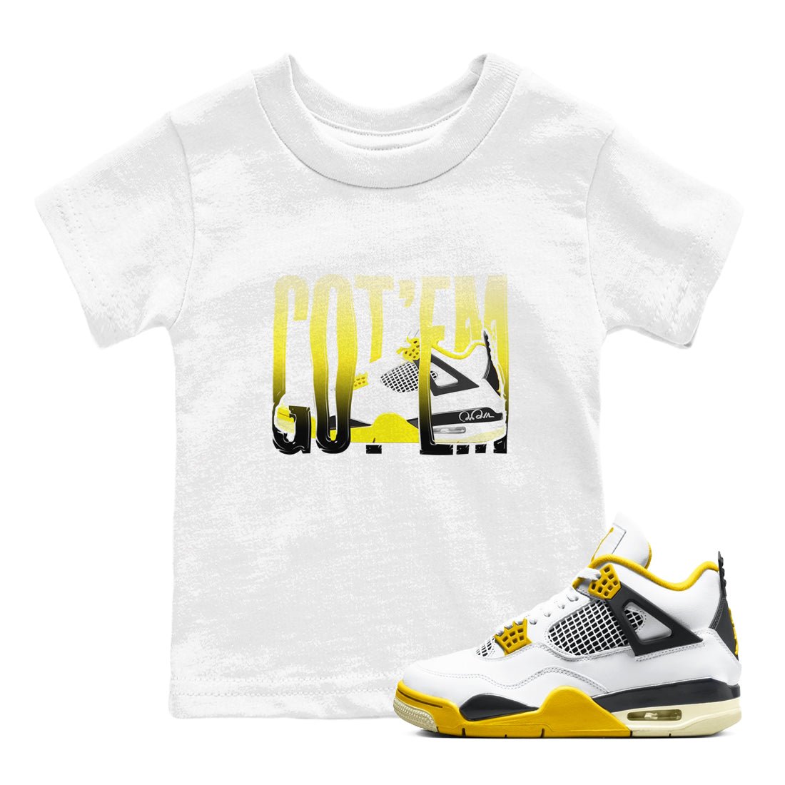 AJ4 Vivid Sulfur shirt to match jordans Wiggling Gotem sneaker tees Air Jordan 4 Vivid Sulfur SNRT sneaker release tees baby toddler White 1 cotton Shirt