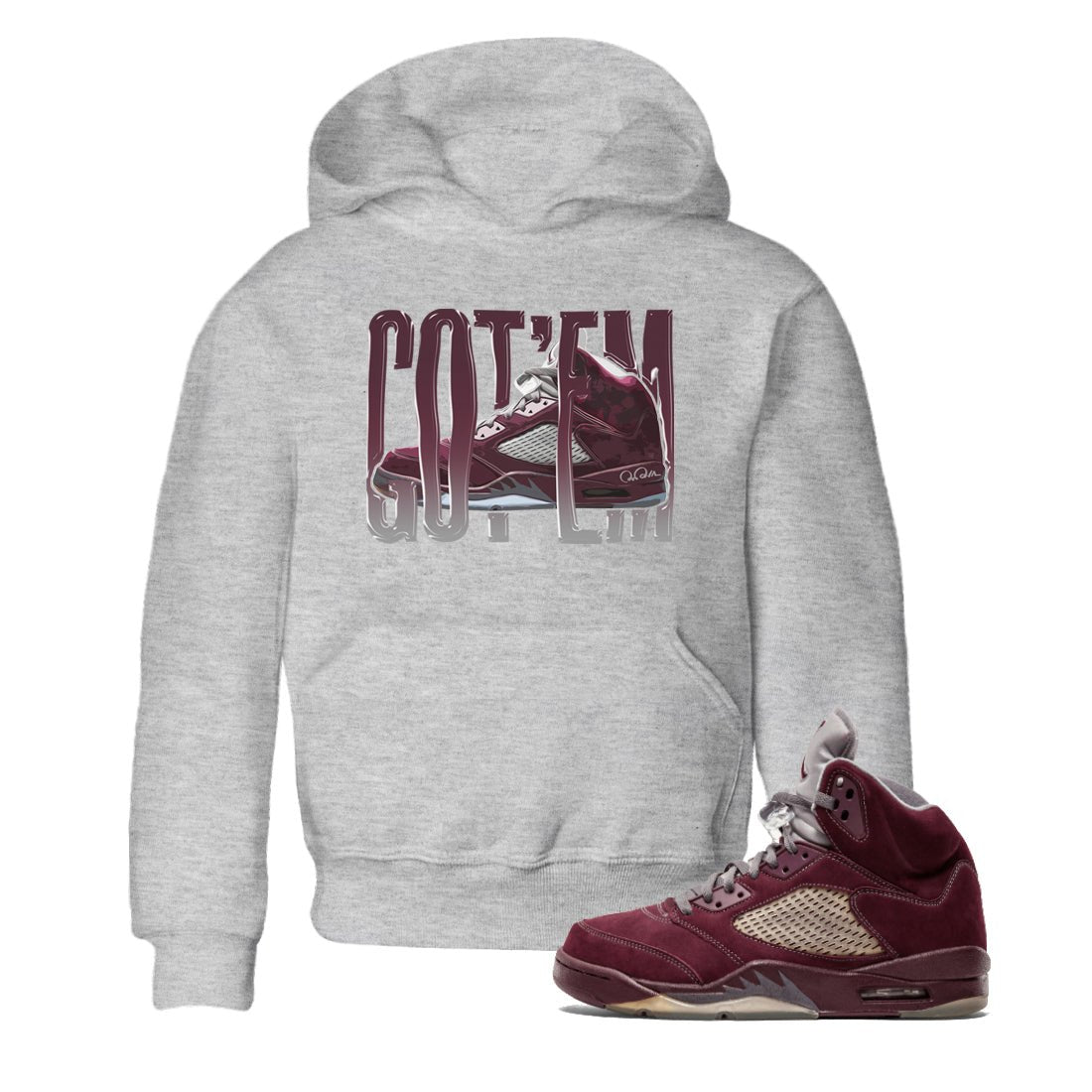Air Jordan 5 Burgundy Sneaker Match Tees Wiggling Gotem Sneaker Tees AJ5 Burgundy Sneaker Release Tees Kids Shirts Heather Grey 1