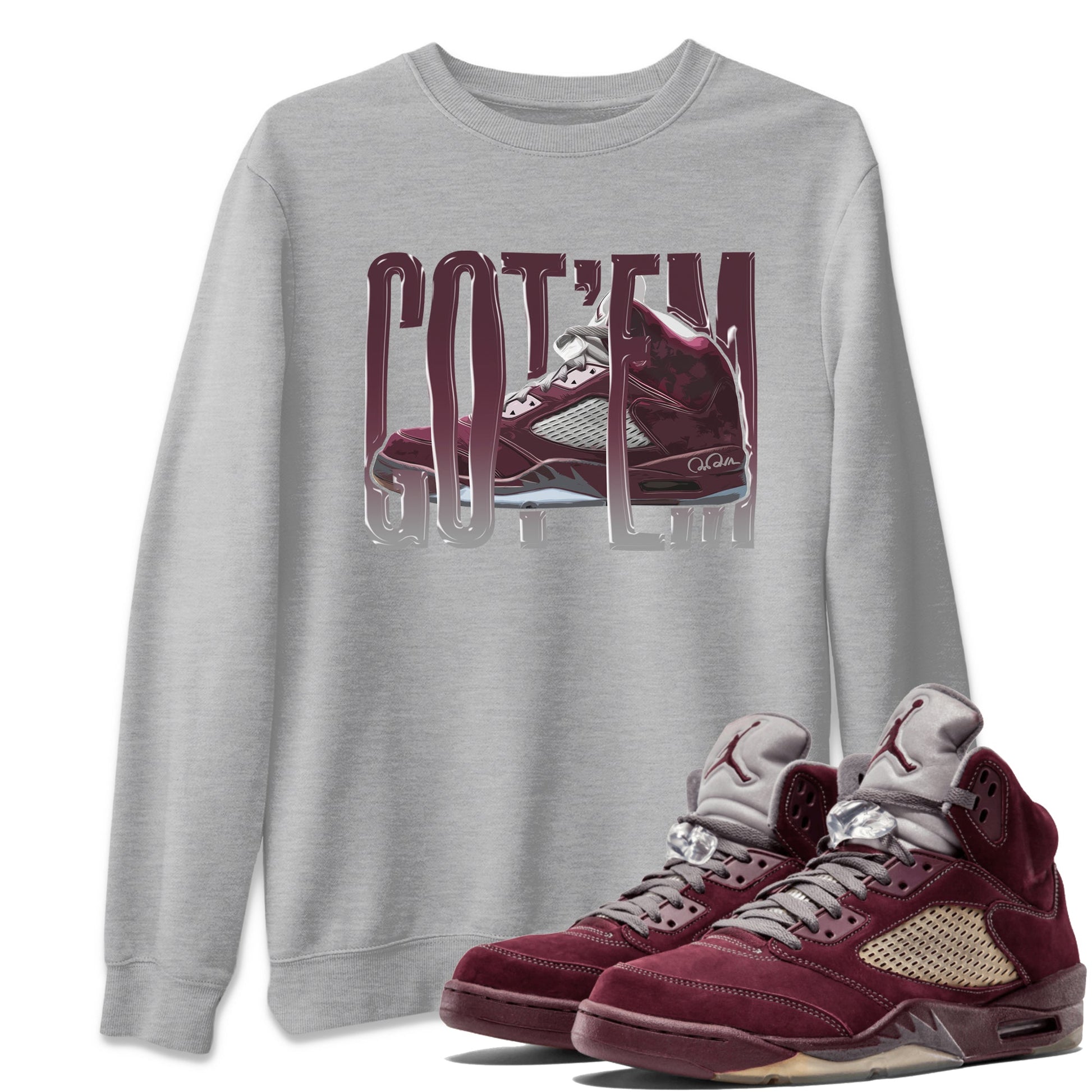 Air Jordan 5 Burgundy Sneaker Match Tees Wiggling Gotem Sneaker Tees AJ5 Burgundy Sneaker Release Tees Unisex Shirts Heather Grey 1