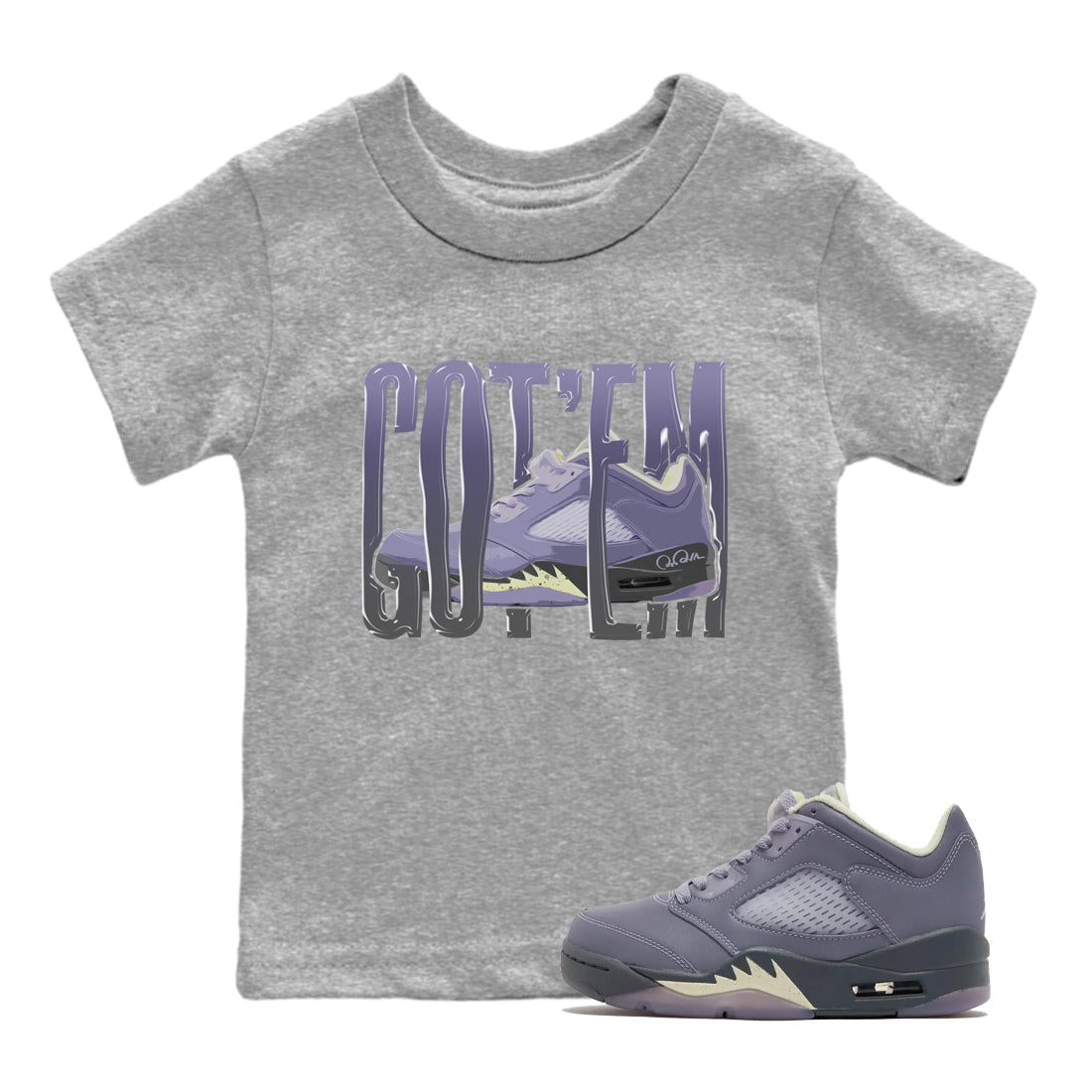 Air Jordan 5 Indigo Haze Sneaker Match Tees Wiggling Gotem Sneaker Tees AJ5 Indigo Haze Sneaker Release Tees Kids Shirts Heather Grey 1