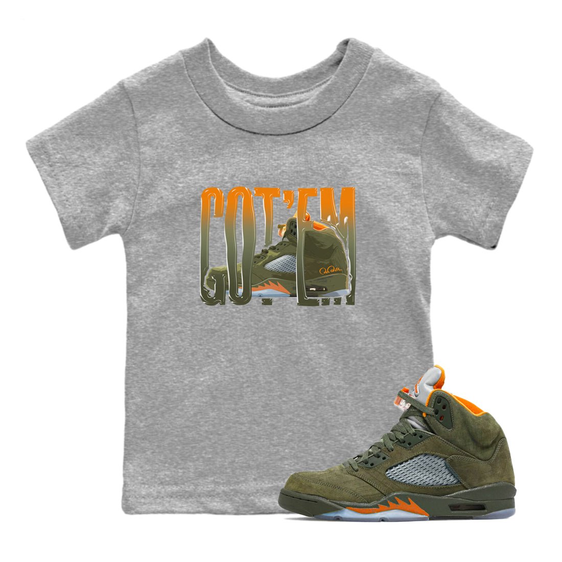 5s Olive shirt to match jordans Wiggling Gotem sneaker tees Air Jordan 5 Olive SNRT sneaker release tees baby toddler Heather Grey 1 cotton Shirt