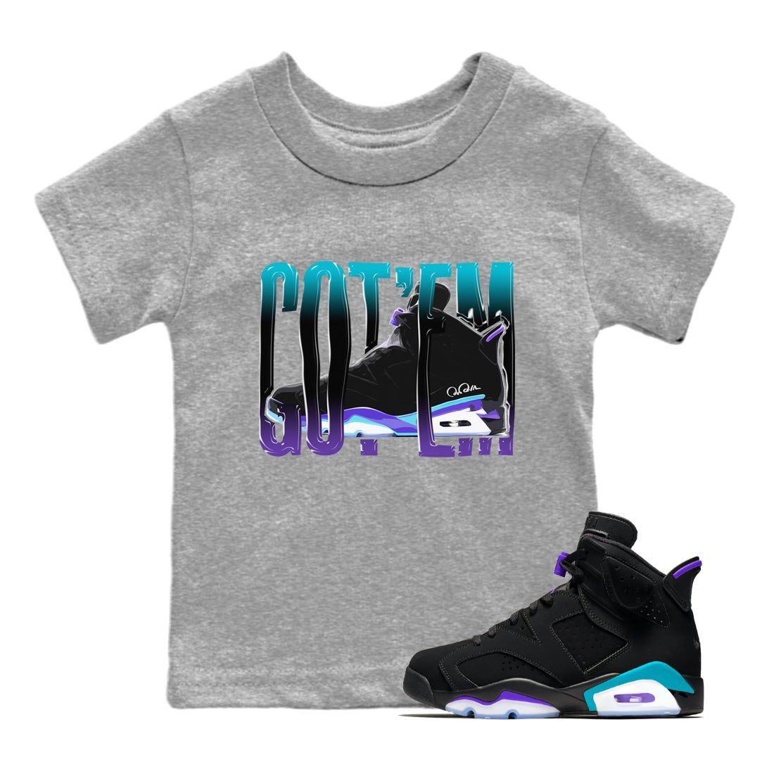 Air Jordan 6 Aqua Sneaker Match Tees Wiggling Gotem Sneaker Tees AJ6 Aqua Sneaker Release Tees Kids Shirts Heather Grey 1