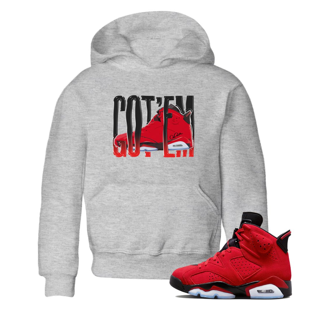 Air Jordan 6 Toro Bravo Sneaker Match Tees Wiggling Gotem Sneaker Tees 3D Graphic Design Shirts AJ6 Toro Bravo Sneaker Release Tees Kids Shirts Heather Grey 1