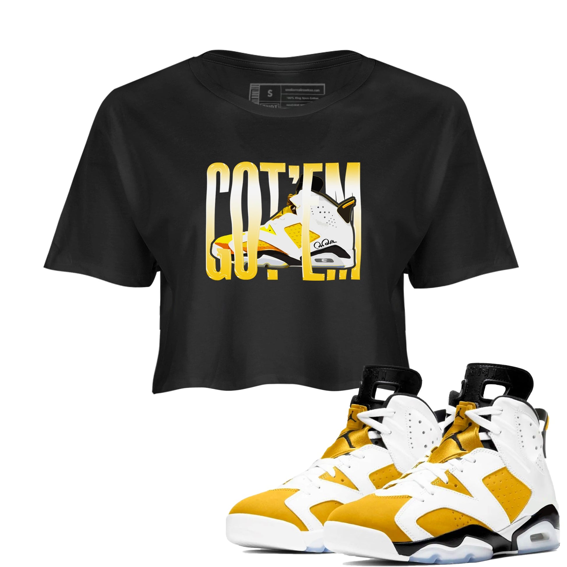 Air Jordan 6 Yellow Ochre shirt to match jordans Wiggling Gotem sneaker tees AJ6 Yellow Ochre SNRT Sneaker Release Tees Black 1 Crop T-Shirt