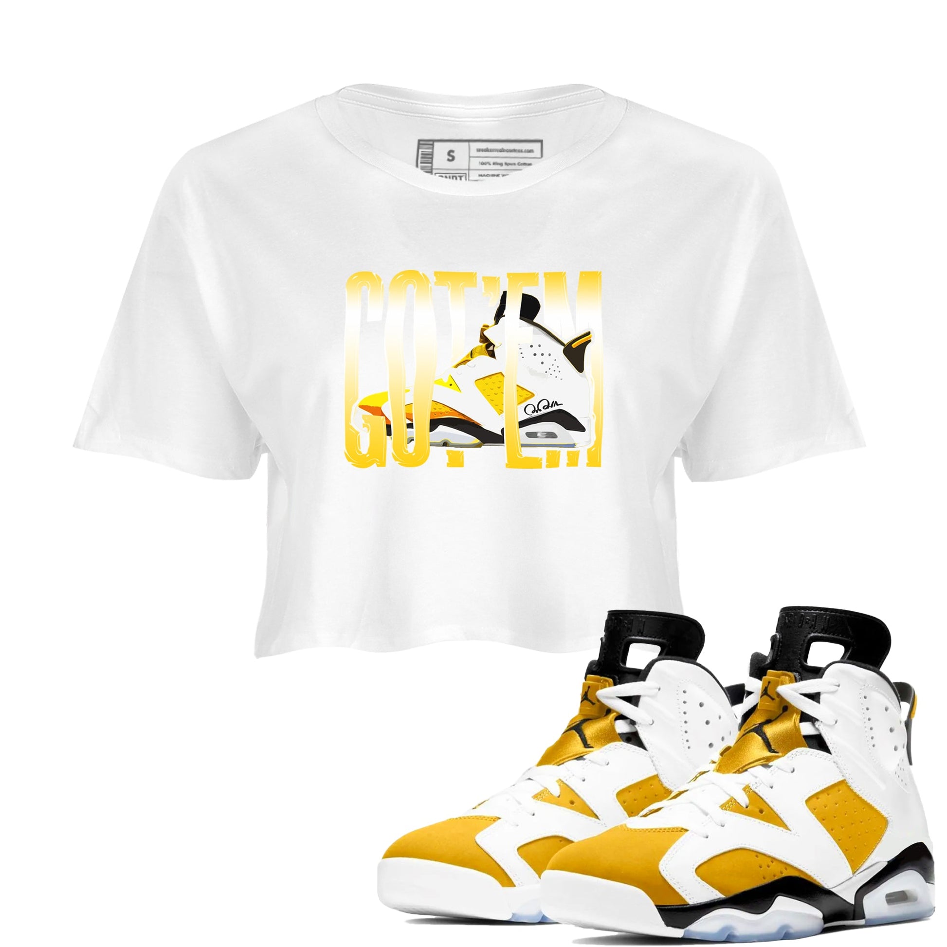 Air Jordan 6 Yellow Ochre shirt to match jordans Wiggling Gotem sneaker tees AJ6 Yellow Ochre SNRT Sneaker Release Tees White 1 Crop T-Shirt