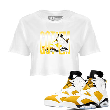 Air Jordan 6 Yellow Ochre shirt to match jordans Wiggling Gotem sneaker tees AJ6 Yellow Ochre SNRT Sneaker Release Tees White 1 Crop T-Shirt