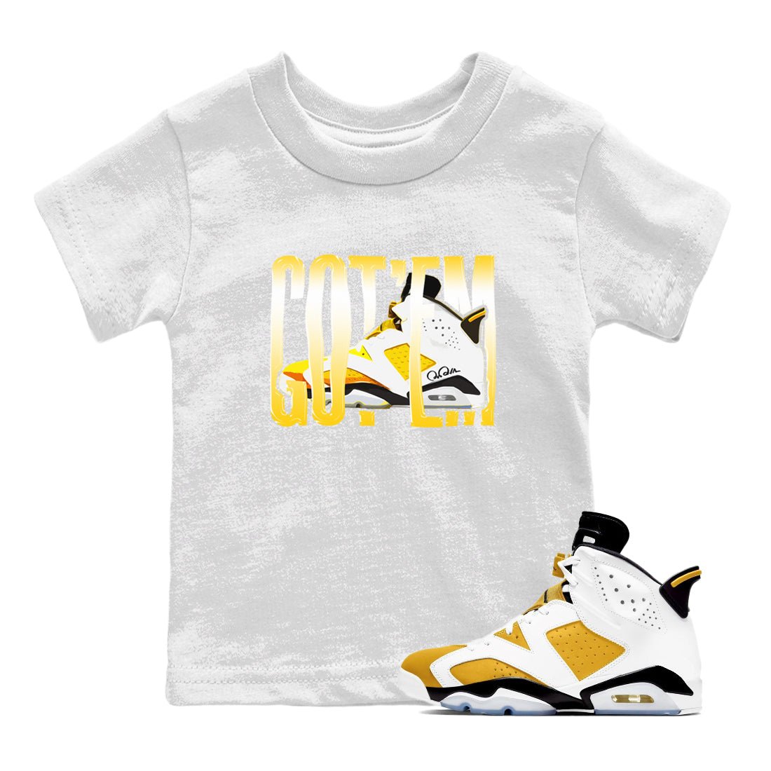 Air Jordan 6 Yellow Ochre shirt to match jordans Wiggling Gotem sneaker tees AJ6 Yellow Ochre SNRT Sneaker Release Tees Baby Toddler White 1 T-Shirt