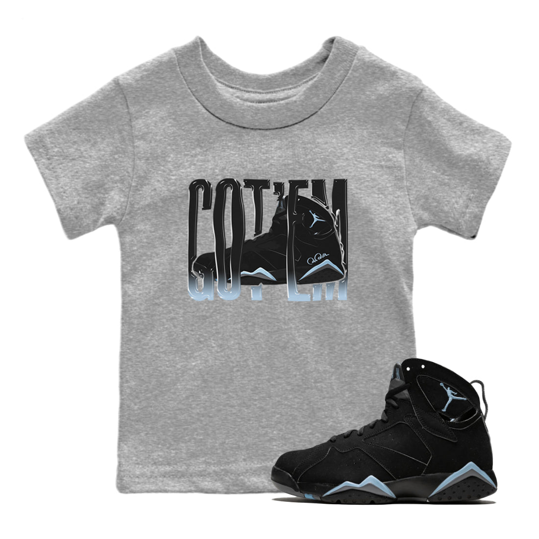 Air Jordan 7 Chambray Wiggling Gotem Baby and Kids Sneaker Tees AJ7 Chambray Kids Sneaker Tees Size Chart