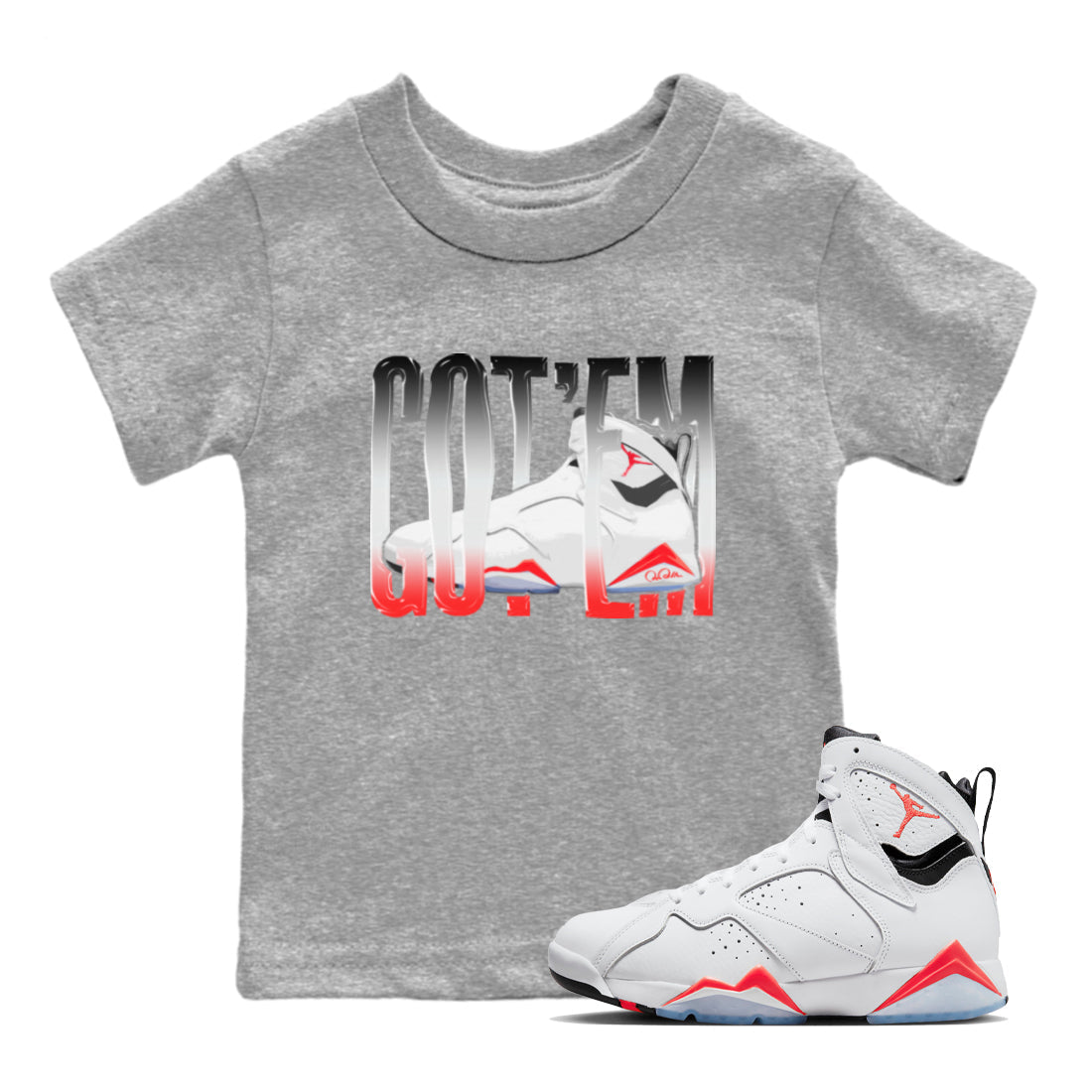 Air Jordan 7 Infrared Sneaker Match Tees Wiggling Gotem Sneaker Tees AJ7 Infrared Sneaker Release Tees Kids Shirts Heather Grey 1