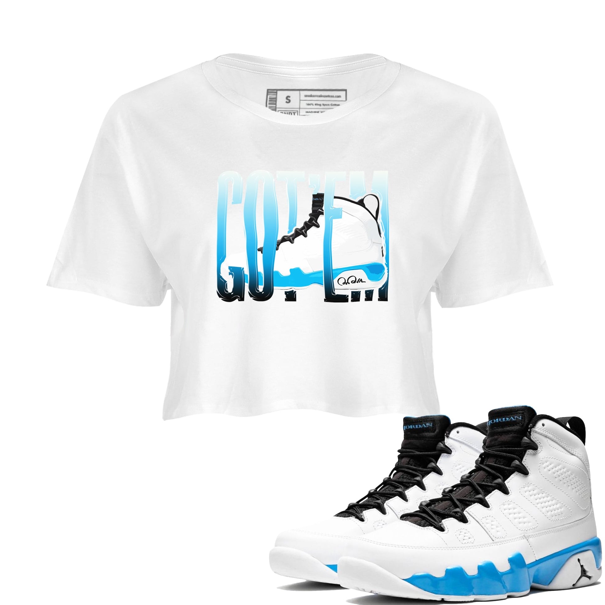 9s Powder Blue shirt to match jordans Wiggling Gotem sneaker tees Air Jordan 9 Powder Blue SNRT Sneaker Release Tees White 1 crop length shirt