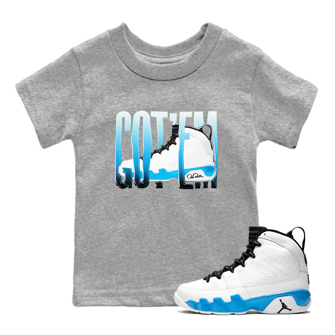 9s Powder Blue shirt to match jordans Wiggling Gotem sneaker tees Air Jordan 9 Powder Blue SNRT sneaker release tees baby toddler Heather Grey 1 cotton Shirt