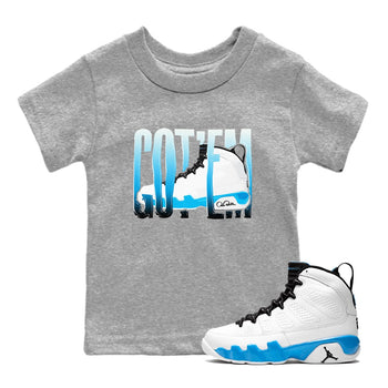 9s Powder Blue shirt to match jordans Wiggling Gotem sneaker tees Air Jordan 9 Powder Blue SNRT sneaker release tees baby toddler Heather Grey 1 cotton Shirt