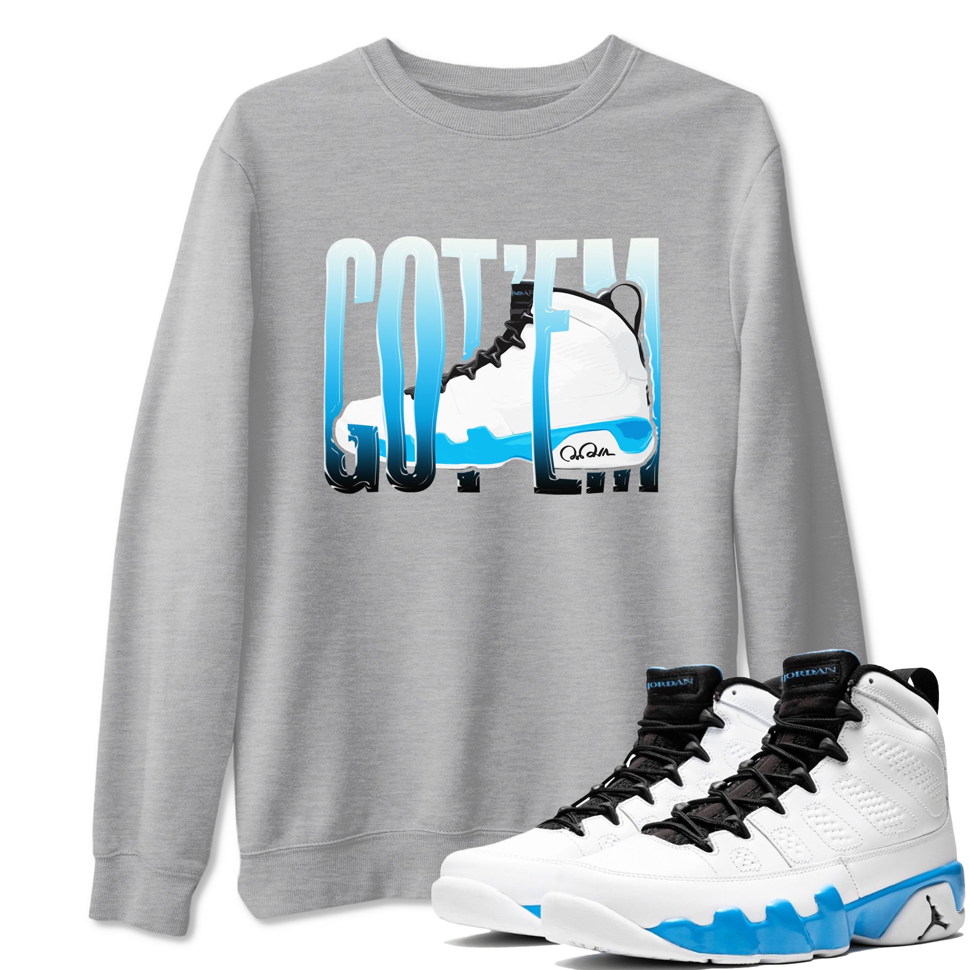 9s Powder Blue shirt to match jordans Wiggling Gotem sneaker tees Air Jordan 9 Powder Blue SNRT Sneaker Release Tees unisex cotton Heather Grey 1 crew neck shirt