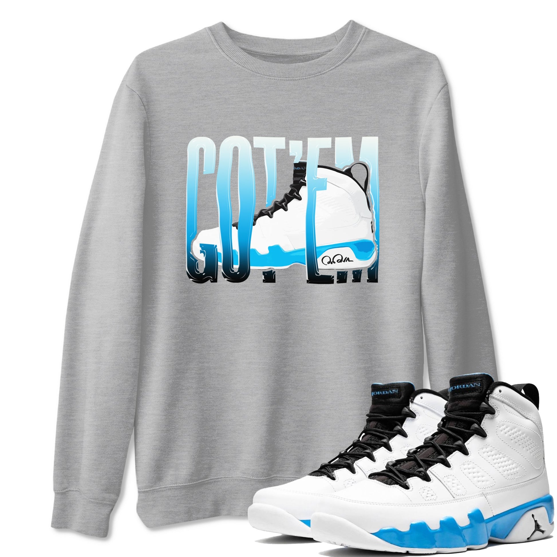 9s Powder Blue shirt to match jordans Wiggling Gotem sneaker tees Air Jordan 9 Powder Blue SNRT Sneaker Release Tees unisex cotton Heather Grey 1 crew neck shirt