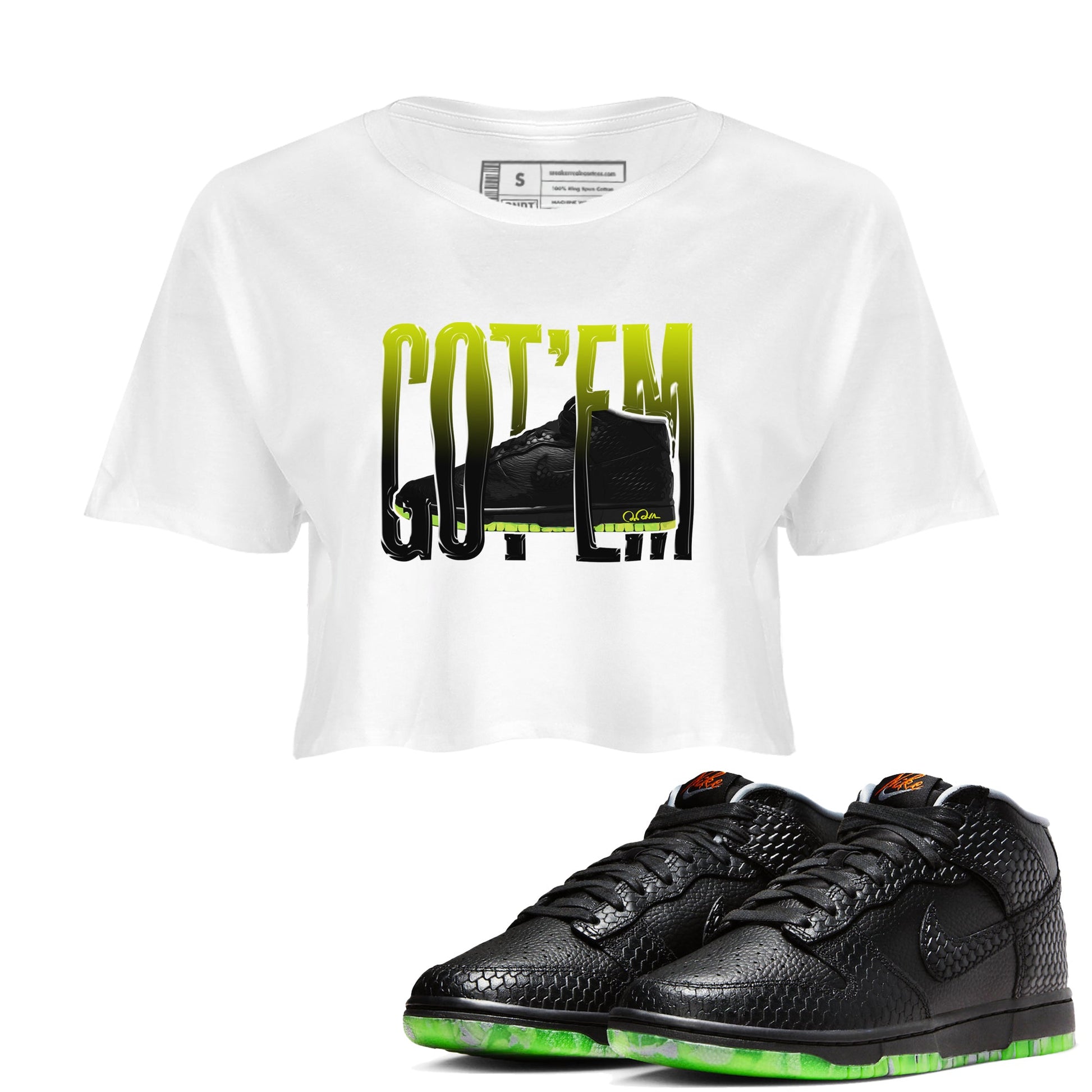 Dunk Mid Premium shirt to match jordans Wiggling Gotem sneaker tees halloween horror nights Nike Dunk Halloween SNRT Sneaker Release Tees White 1 Crop T-Shirt