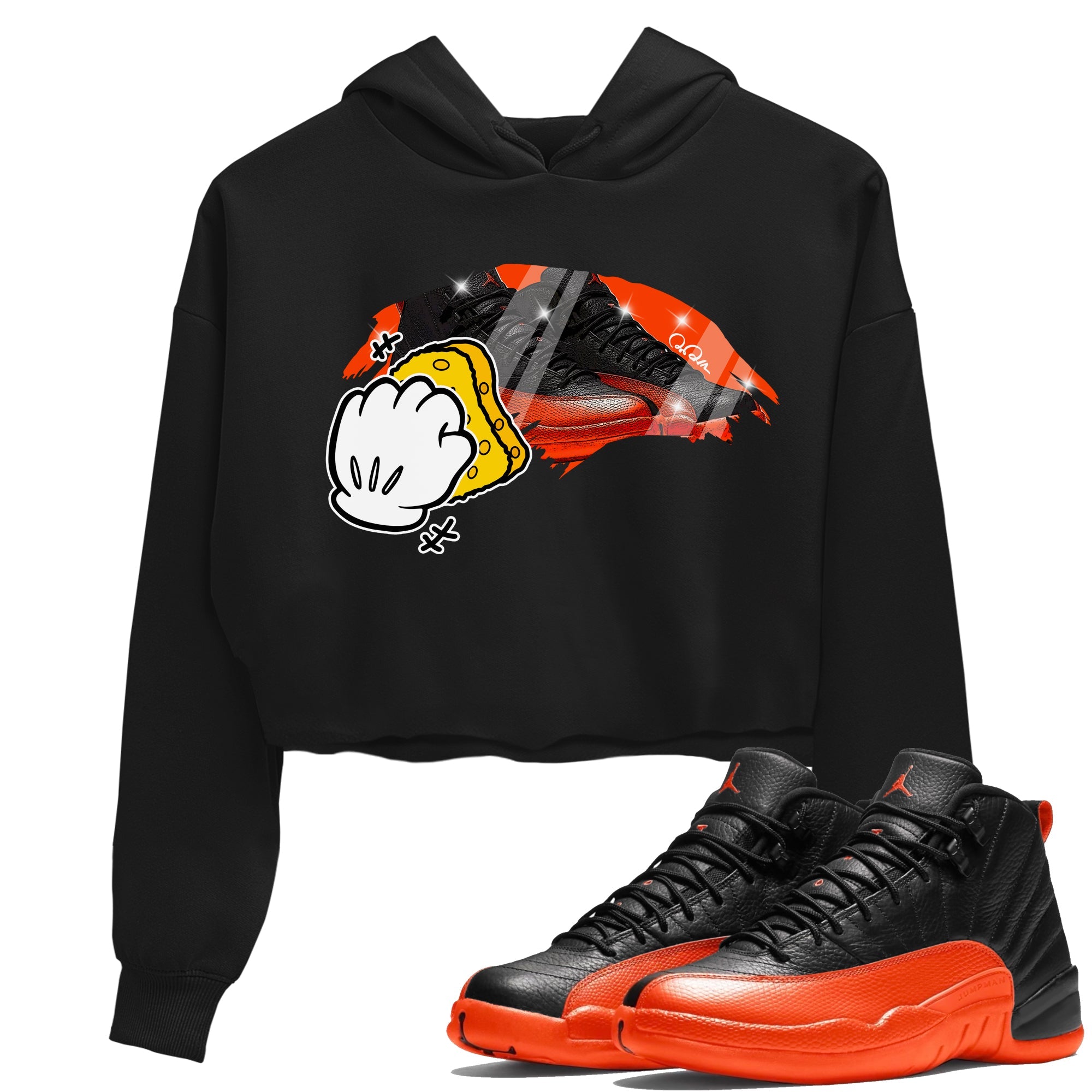 Air Jordan 12 Brilliant Orange Sneaker Match Tees Wiping Sneaker Tees AJ12 Brilliant Orange Sneaker Release Tees Women's Shirts Black 1