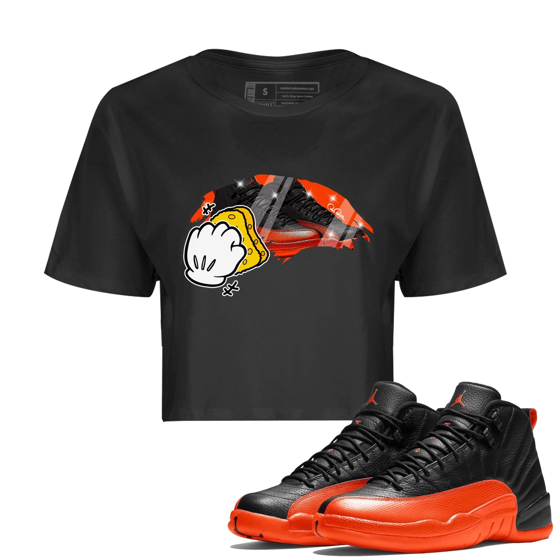 Air Jordan 12 Brilliant Orange Sneaker Match Tees Wiping Sneaker Tees AJ12 Brilliant Orange Sneaker Release Tees Women's Shirts Black 1