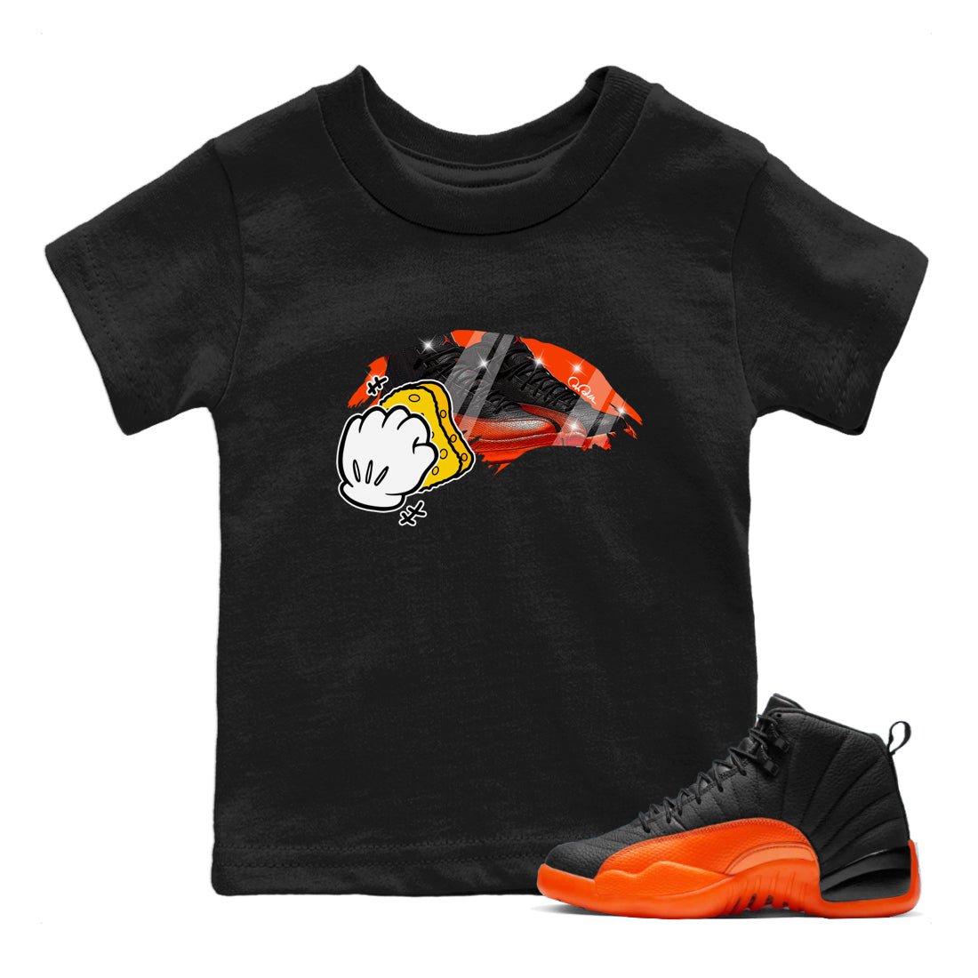 Air Jordan 12 Brilliant Orange Sneaker Match Tees Wiping Sneaker Tees AJ12 Brilliant Orange Sneaker Release Tees Kids Shirts Black 1