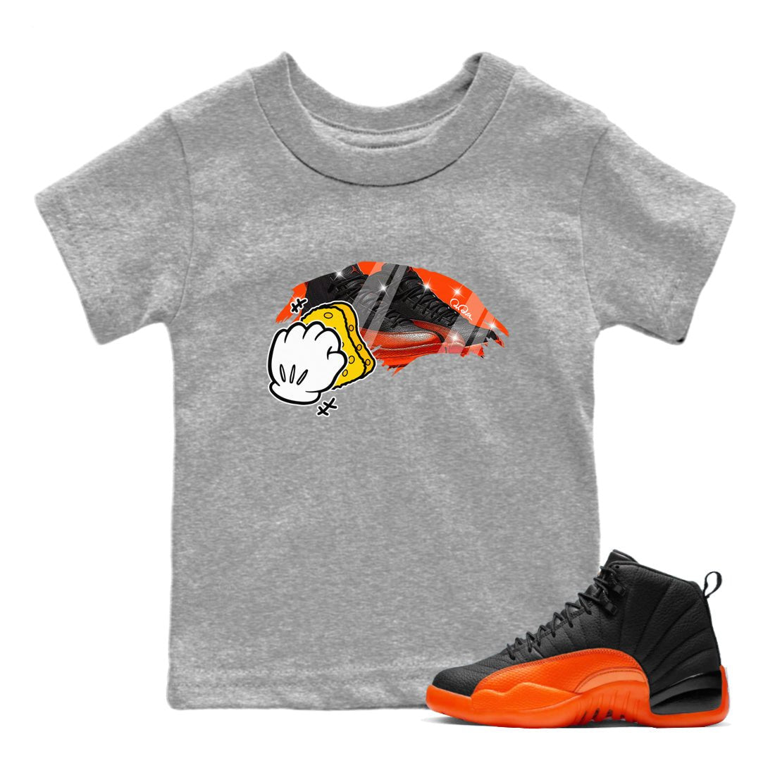 Air Jordan 12 Brilliant Orange Sneaker Match Tees Wiping Sneaker Tees AJ12 Brilliant Orange Sneaker Release Tees Kids Shirts Heather Grey 1