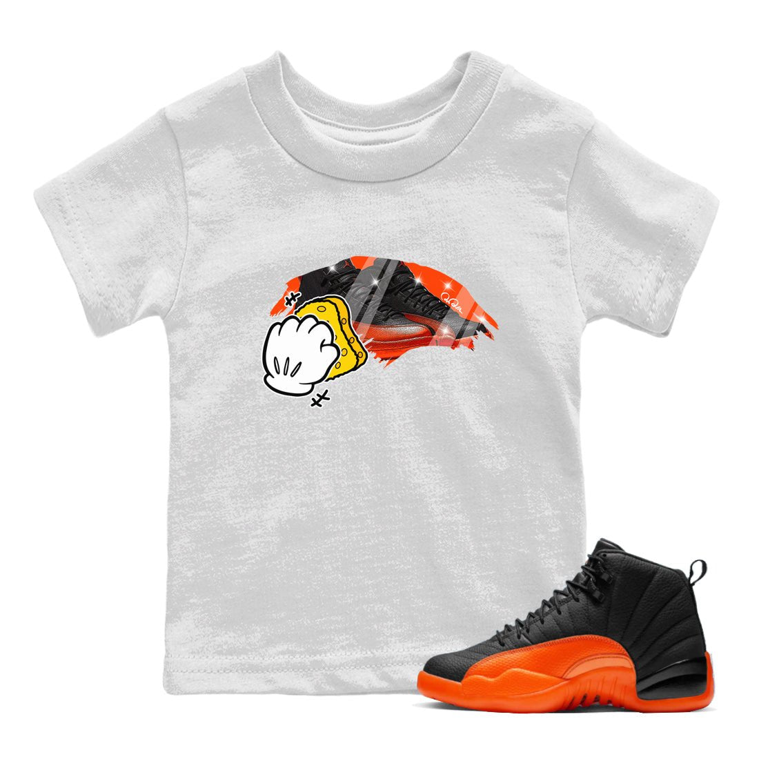 Air Jordan 12 Brilliant Orange Sneaker Match Tees Wiping Sneaker Tees AJ12 Brilliant Orange Sneaker Release Tees Kids Shirts White 1