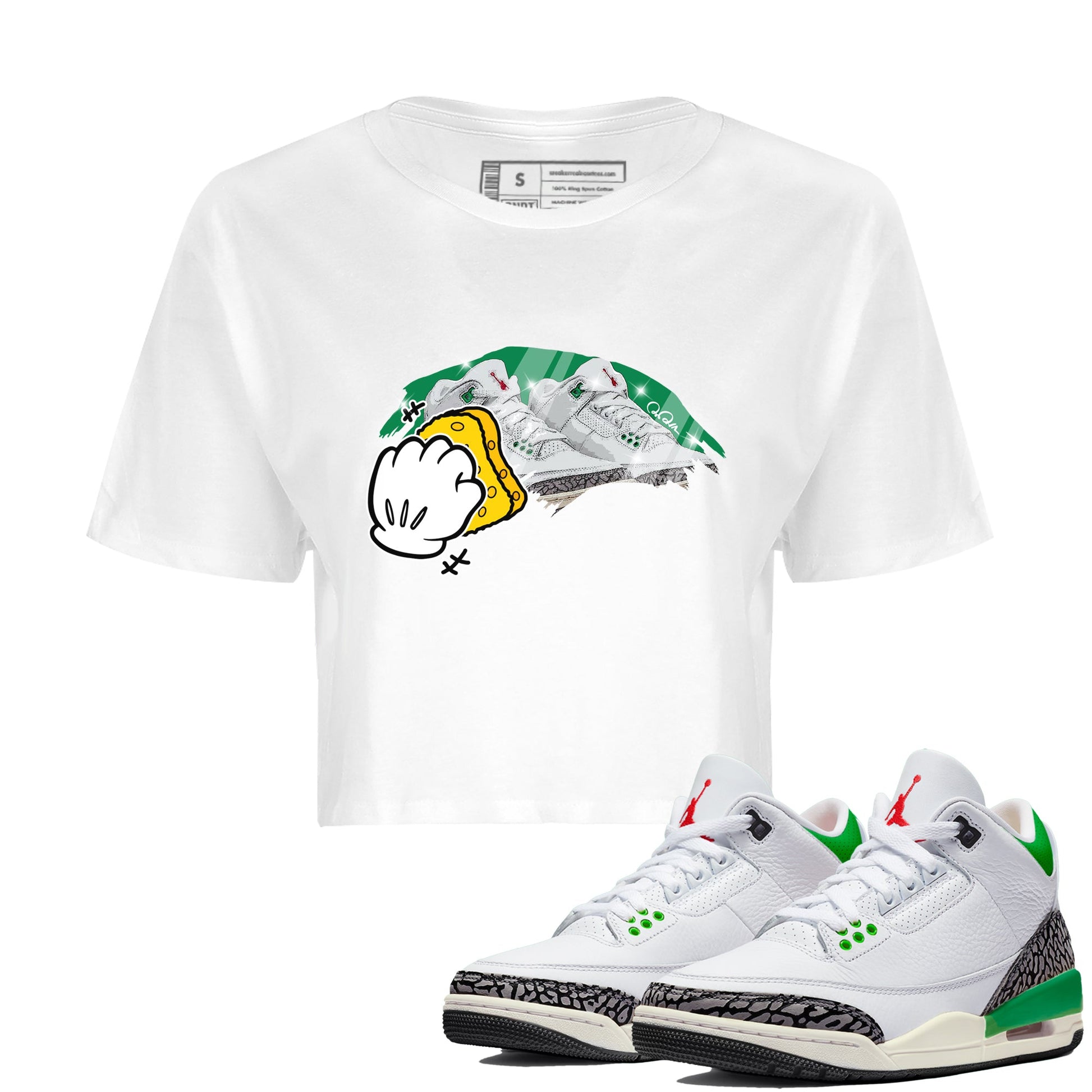 Air Jordan 3 Lucky Green Sneaker Match Tees Wiping Sneaker Tees AJ3 Lucky Green Sneaker Release Tees Women's Shirts White 1