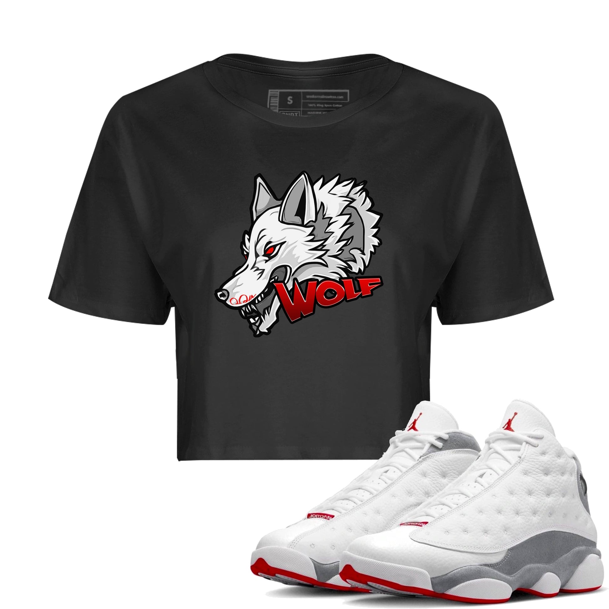 Air Jordan 13 Wolf Grey Sneaker Match Tees Wolf Head Sneaker Tees AJ13 Wolf Grey Sneaker Release Tees Women's Shirts Black 1