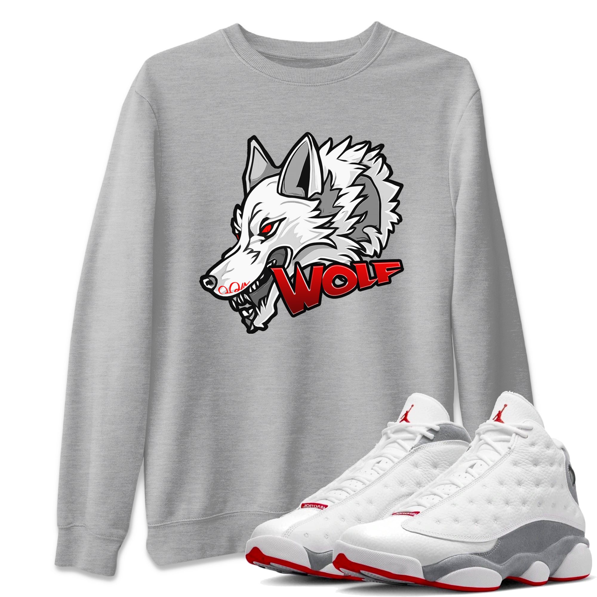 Air Jordan 13 Wolf Grey Sneaker Match Tees Wolf Head Sneaker Tees AJ13 Wolf Grey Sneaker Release Tees Unisex Shirts Heather Grey 1