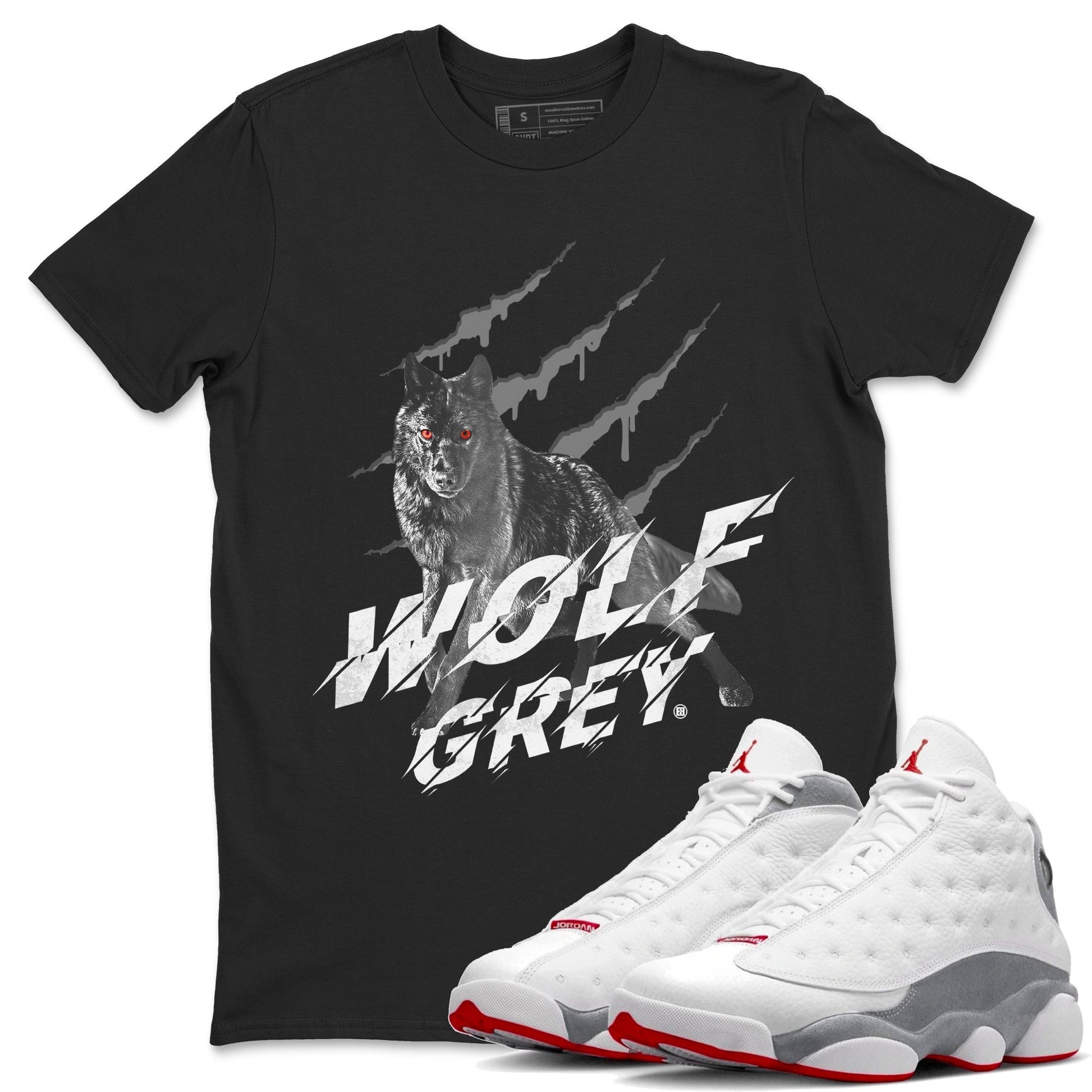 Air Jordan 13 Wolf Grey Sneaker Match Tees Wolf Scratch Sneaker Tees Air Jordan 13 Retro Wolf Grey T-Shirt Unisex Shirts Black 1
