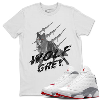 Air Jordan 13 Wolf Grey Sneaker Match Tees Wolf Scratch Sneaker Tees Air Jordan 13 Retro Wolf Grey T-Shirt Unisex Shirts White 1