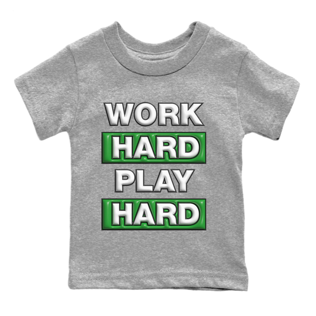 Air Jordan 3 Lucky Green Sneaker Match Tees Work Hard Play Hard Sneaker Tees AJ3 Lucky Green Sneaker Release Tees Kids Shirts Heather Grey 2
